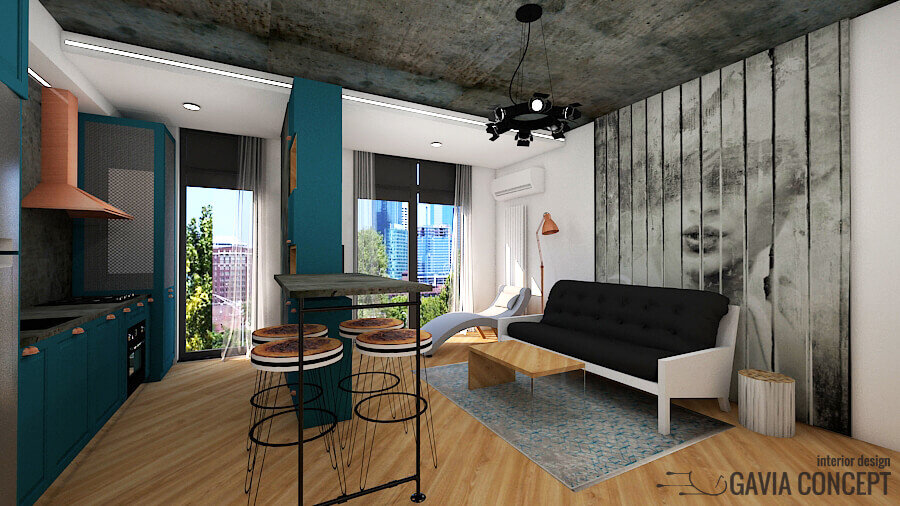 apartament 2 camere Floreasca gri beton bar bleu industrial