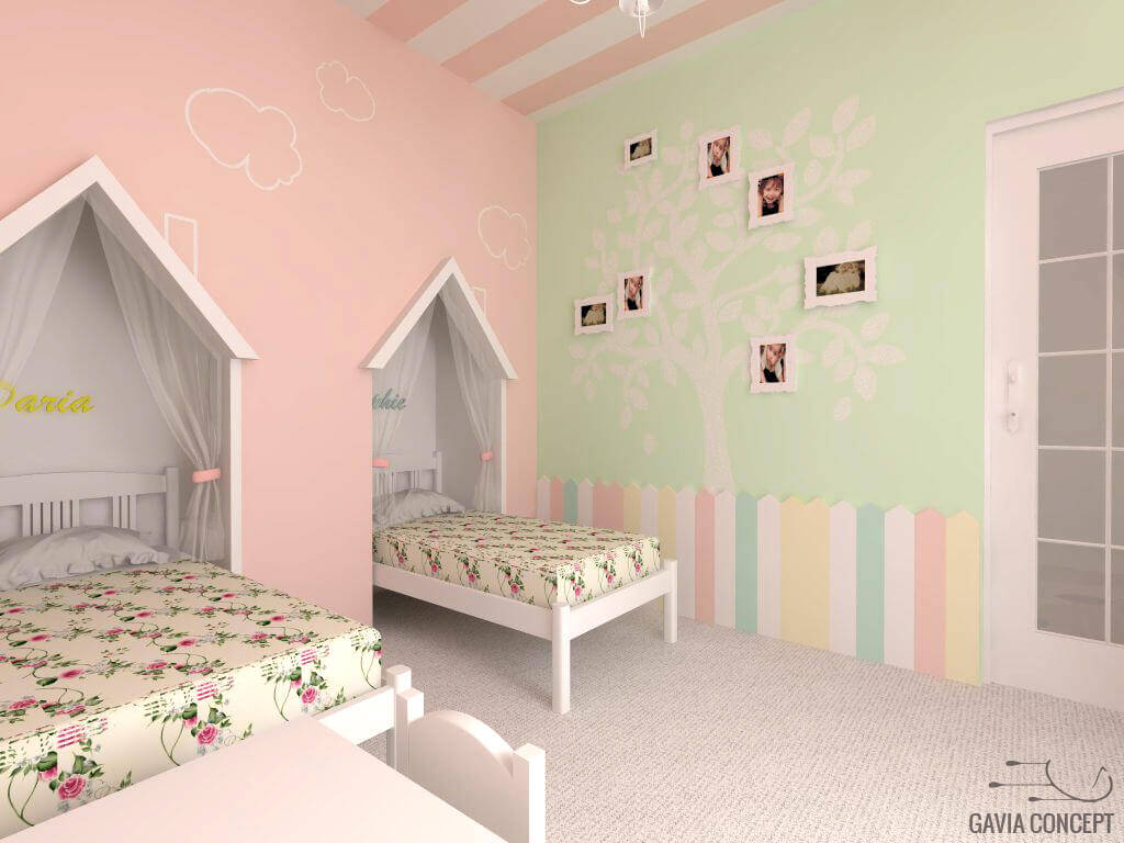 dormitor doua casute fete roz