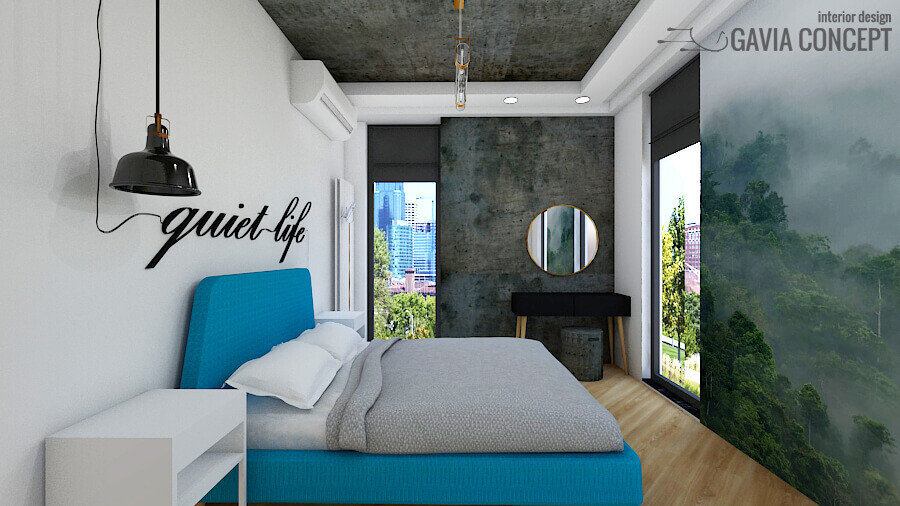 apartament 2 camere Floreasca gri beton bar bleu industrial dormitor