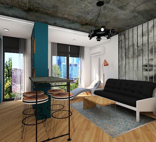 apartament 2 camere Floreasca gri beton bar bleu industrial