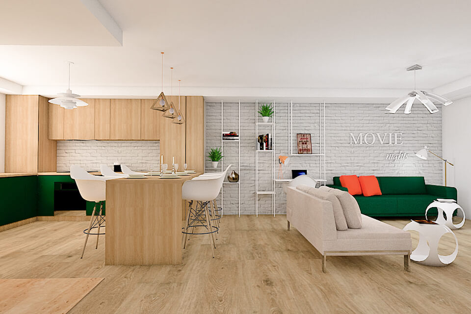 apartament 3 camere cosmopolis lemn, negru verde baie living bucatarie
